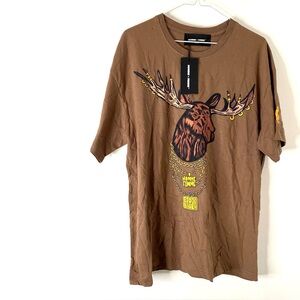 Homme + Femme Moose Graphic Tee NWT Brown Crew Neck 100% Cotton